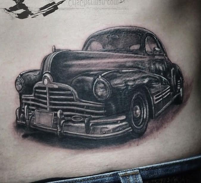 Dark Ink Car Tattoo On Waist