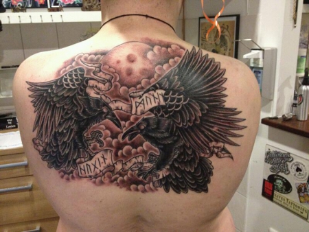 Dark Ink Hugin And Munin Tattoo On Upper Back