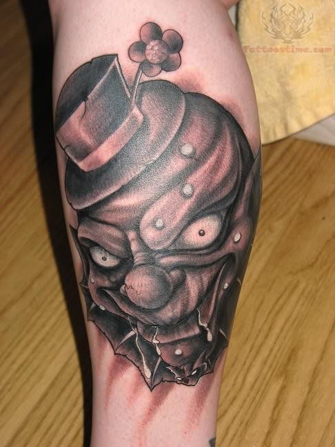 Dark Ink Joker Head Tattoo On Leg