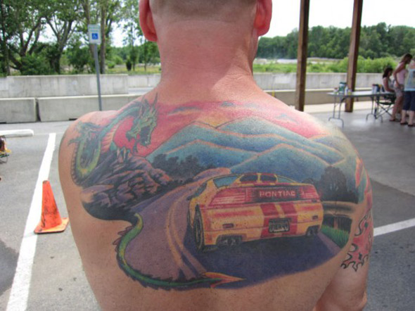 Dragon And Colorful Car Tattoo On Upper Back