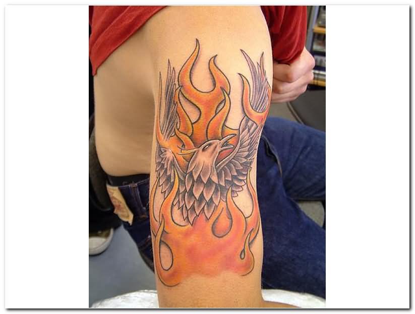 Eagle In Fire And Flame Tattoo Design For Shoulder