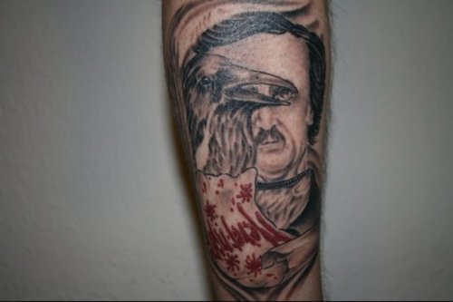 Edgar Allan Head And Poe Raven Tattoo On Arm