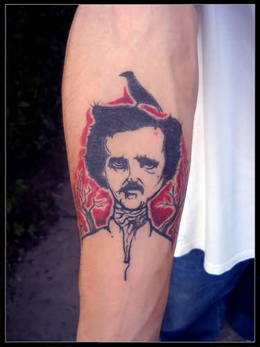 Edgar Allan Poe Raven Tattoo On Forearm