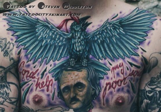 Edgar Allen Poe Raven Tattoo On Chest by Steven Middleton