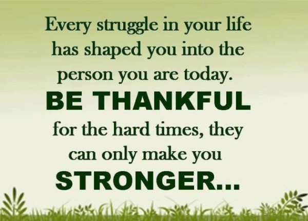 Every struggle in your life has shaped you into the person you are today. Be thankful for the hard times; they can only make you stronger.