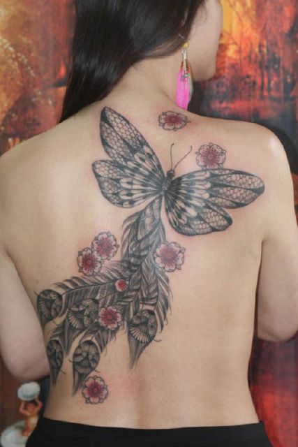 Feminine Butterfly With Flowers Tattoo On Girl Full Back