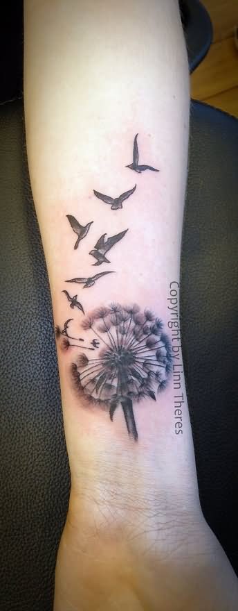 Feminine Dandelion With Flying Birds Tattoo On Wrist