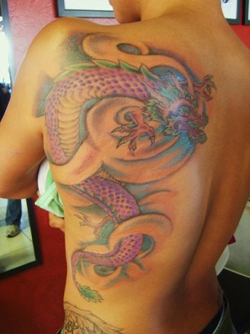 Feminine Dragon Tattoo On Left Back Shoulder