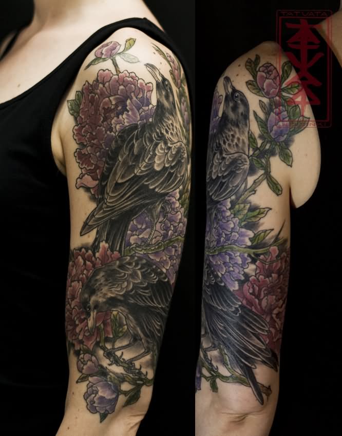 Feminine Flowers And Raven Tattoo On Sleeve