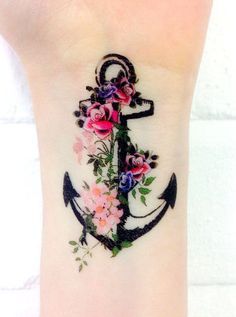 Feminine Flowers With Anchor Tattoo Design For Wrist