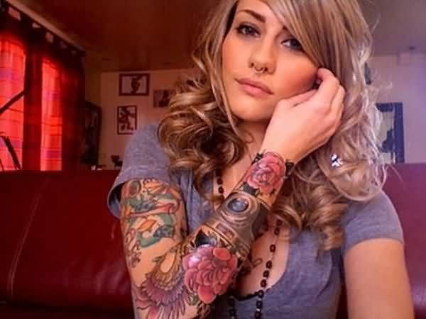 Feminine Flowers With Camera Tattoo On Girl Right Full Sleeve