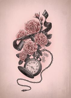 Feminine Flowers With Pocket Watch Tattoo Design