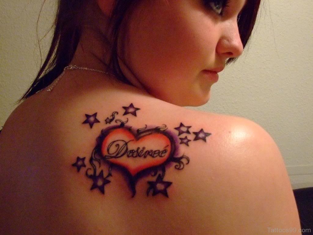 Feminine Heart With Stars Tattoo On Right Back Stars