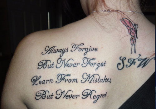 Feminine Quote Tattoo On Girl Left Back Shoulder
