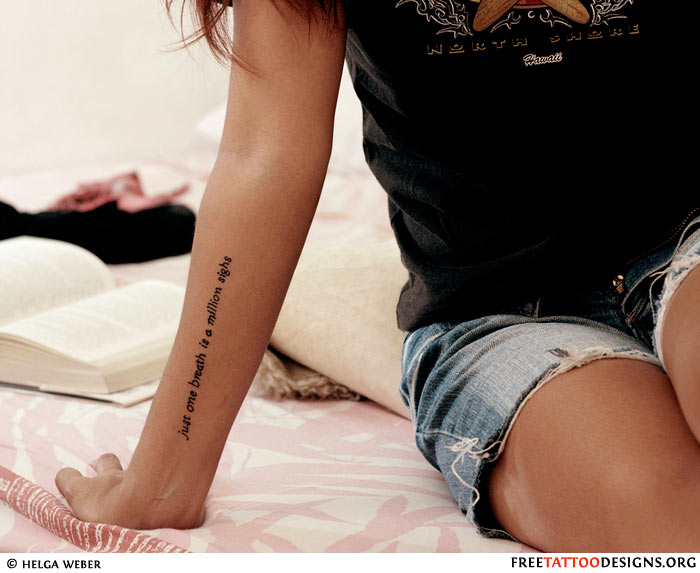 Feminine Quote Tattoo On Girl Right Forearm