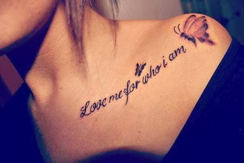 Feminine Quote With Butterfly Tattoo On Girl Left Front Shoulder