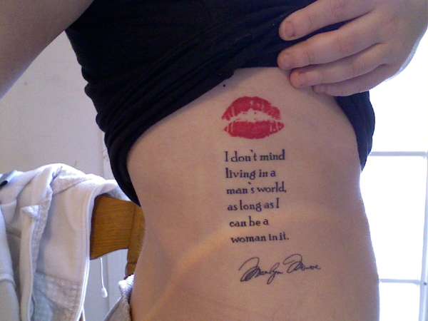 Feminine Quote With Lips Print Tattoo On Side Rib