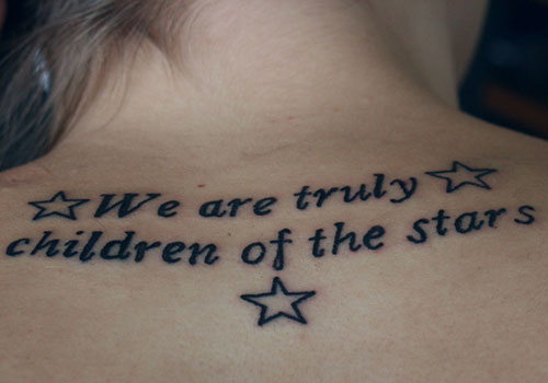 Feminine Quote With Stars Tattoo On Back Neck