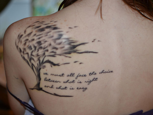 Feminine Quote With Tree Tattoo On Girl Left Back Shoulder