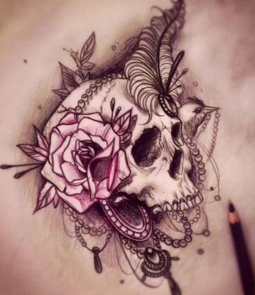 Feminine Rose With Skull And Feather Tattoo Design
