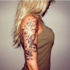 Feminine Roses With Compass Tattoo On Girl Right Half Sleeve