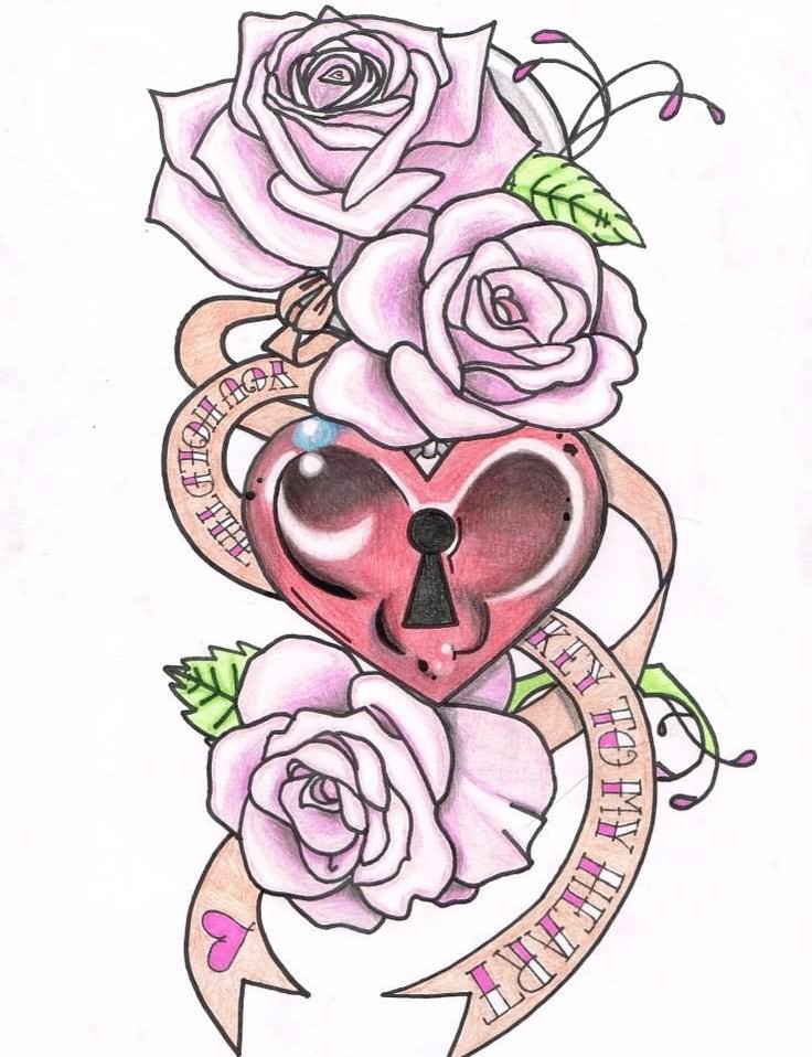 Feminine Roses With Heart Lock And Banner Tattoo Design