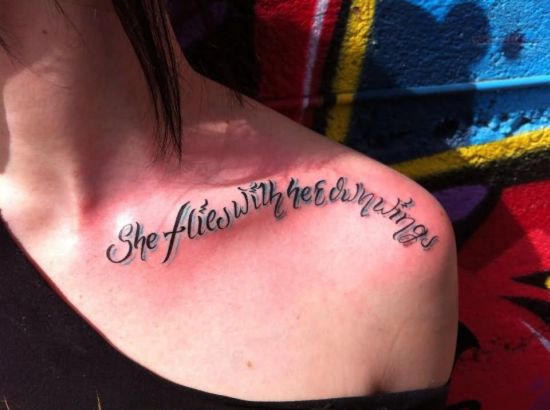 Feminine Script Tattoo On Girl Left Front Shoulder