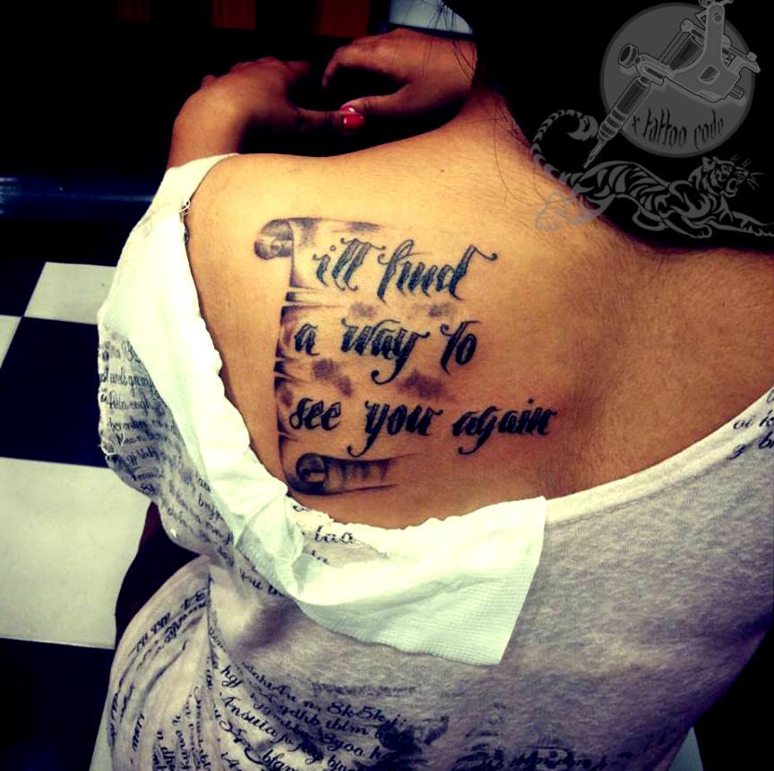 Feminine Script Tattoo On Left Back Shoulder