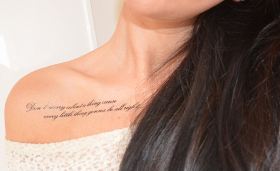 Feminine Script Tattoo On Right Front Shoulder