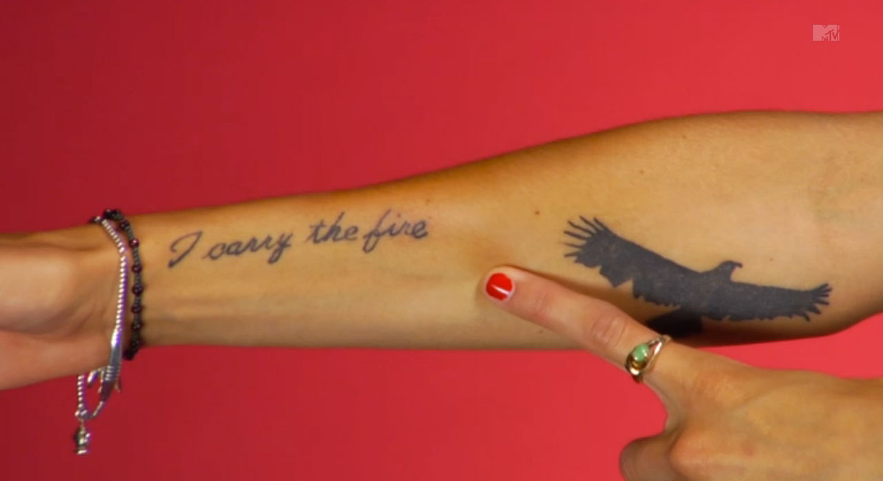 Feminine Script With Flying Bird Tattoo On Forearm