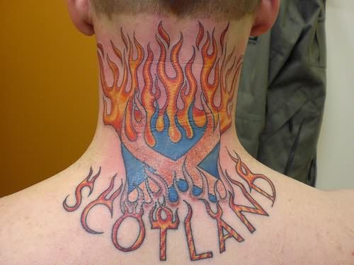Fire And Flame Tattoo On Man Back Neck