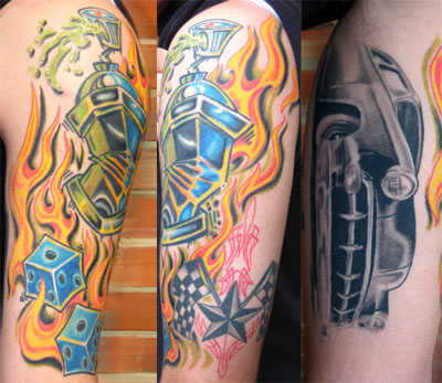 Flaming Dice And Car Themed Tattoo