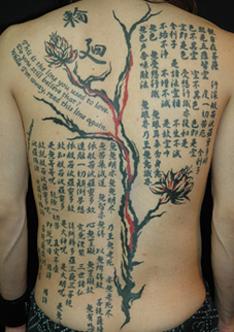 Flowers With Kanji Tattoo On Man Full Back