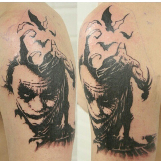 Flying Bats And Batman Joker Tattoo On Shoulder