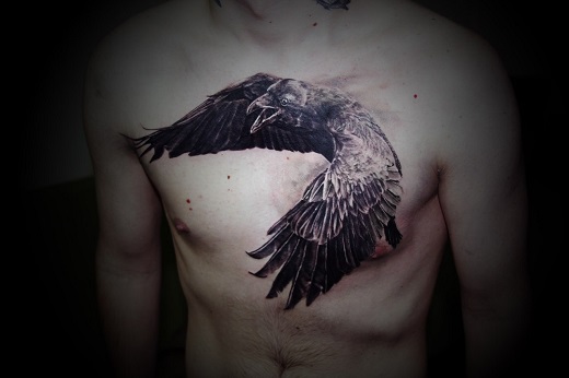 Flying Norse Raven Tattoo On Chest For Men