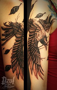 Flying Raven Tattoo On Half Sleeve
