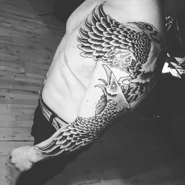 Flying Raven Tattoo on Man Sleeve