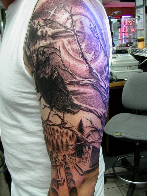 Graveyard Raven Tattoo On Man Left Sleeve