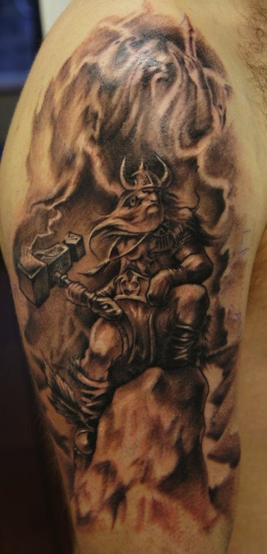 Gods Thor Scandinavian Tattoo On Right Half Sleeve