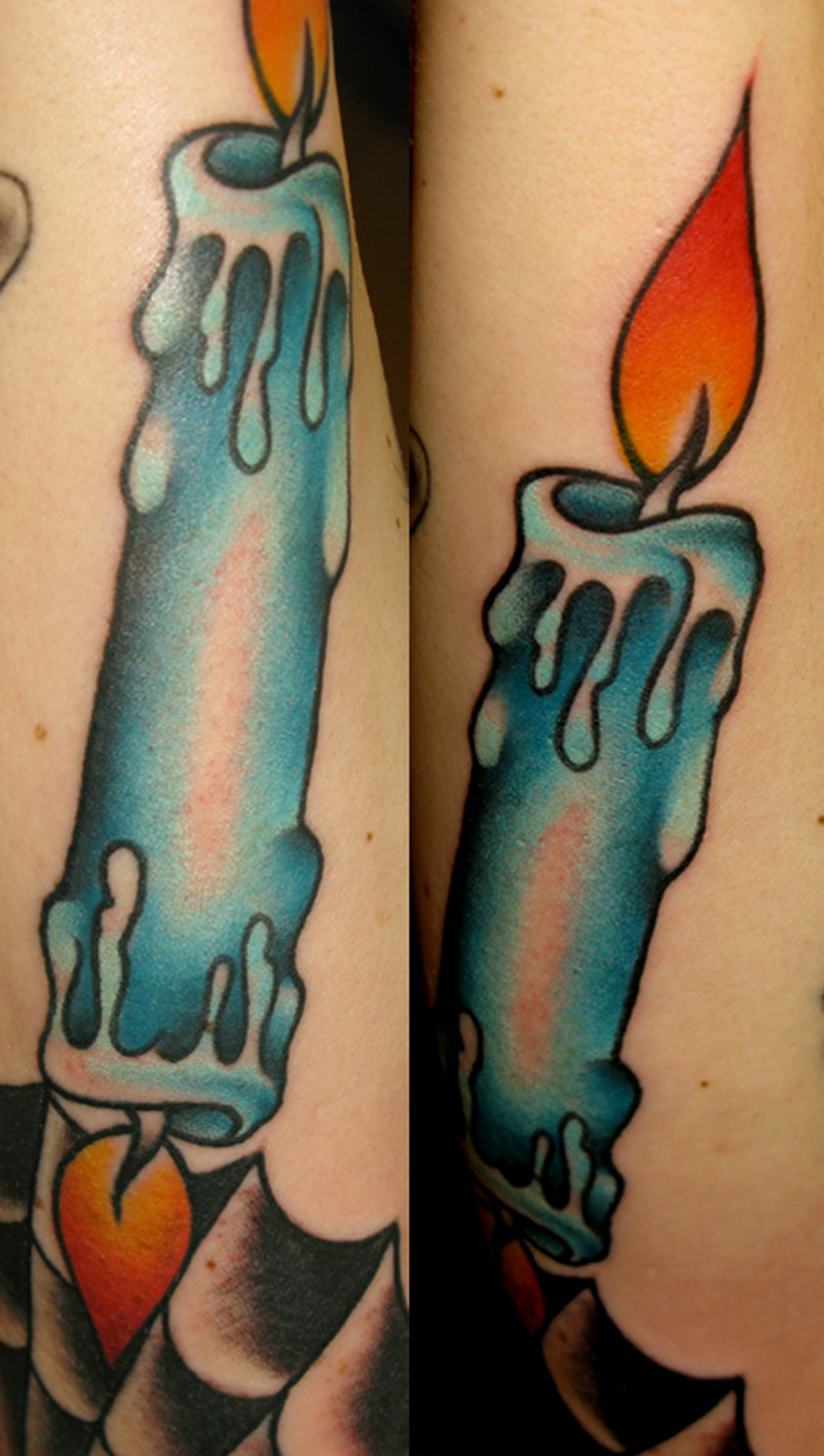 Green Candle Burning at Both Ends With Orange Flame Tattoo Design