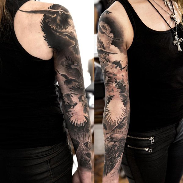 Grey And Black Raven Tattoo On Full Sleeve