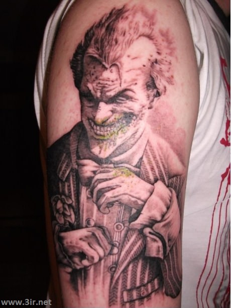 Grey And White Ink Joker Tattoo On Half Sleeve