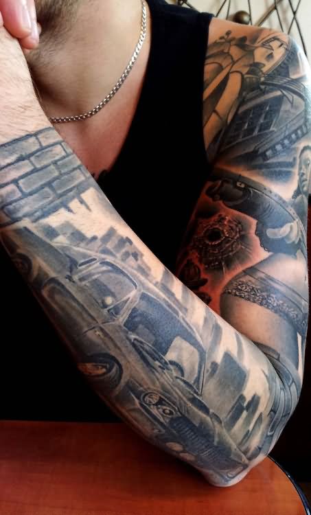 Grey Car Tattoo On Left Sleeve For Men