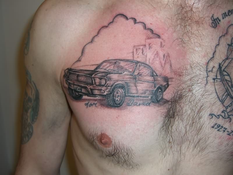 Grey Car Tattoo On Man Chest