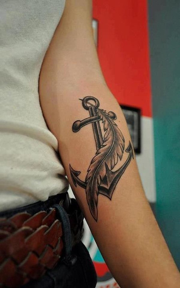 Grey Feather Anchor Wrist Tattoo