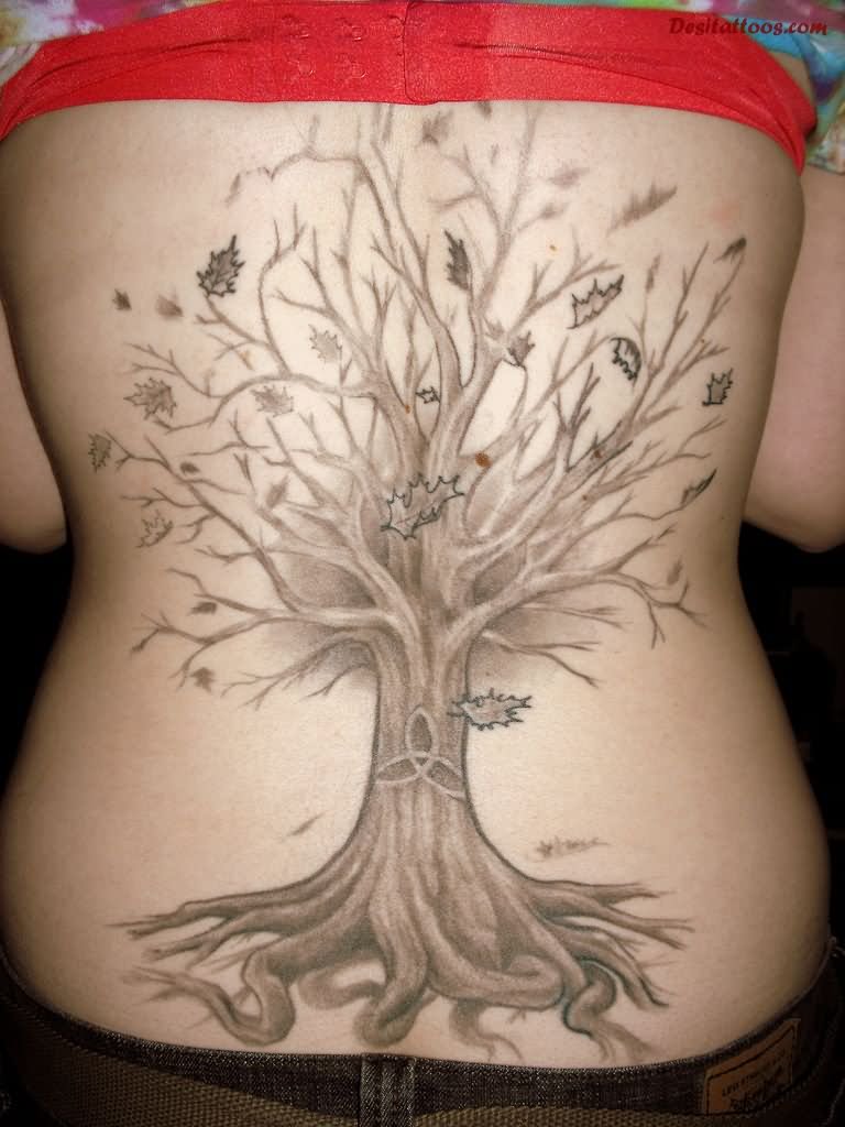 Grey Feminine Tree Tattoo On Full Back