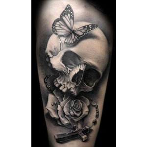 Grey Ink 3D Feminine Rose With Skull And Butterfly Tattoo Design