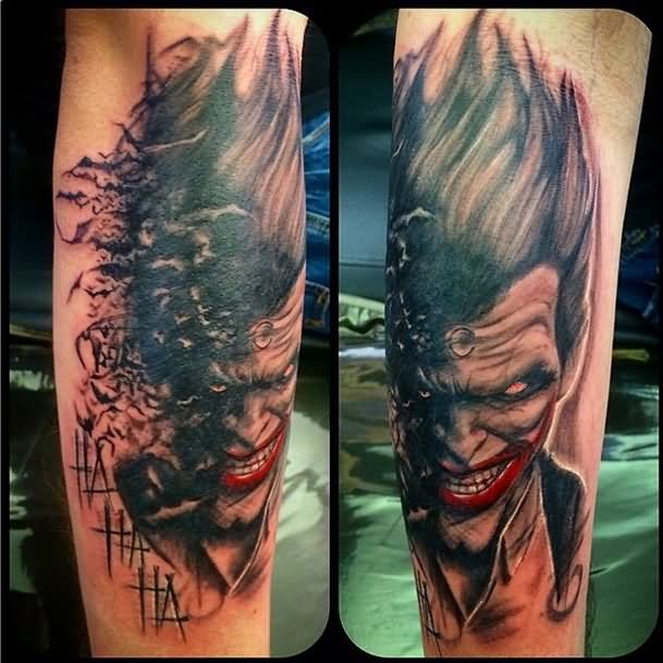 Grey Ink Batman Joker Tattoo On Arm
