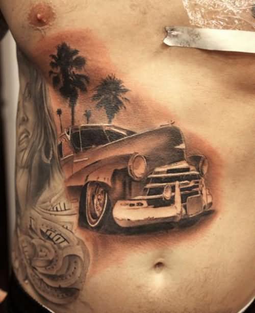 Grey Ink Beautiful Car Tattoo On Side Rib