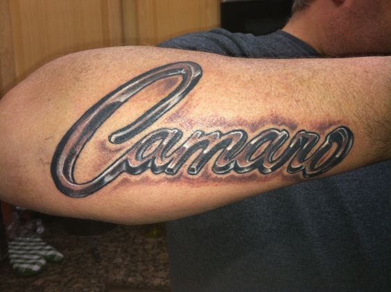 Grey Ink Camaro Tattoo On Right Arm